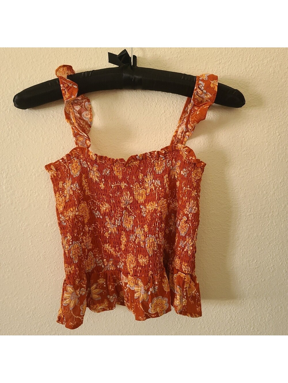 NEW Rachel Zoe Cropped Tank Top Size S Smocked Ruffles Floral Rust Gold